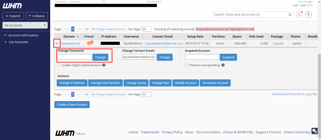 Change cPanel password from WebHost Manager (WHM) — eeset the password.