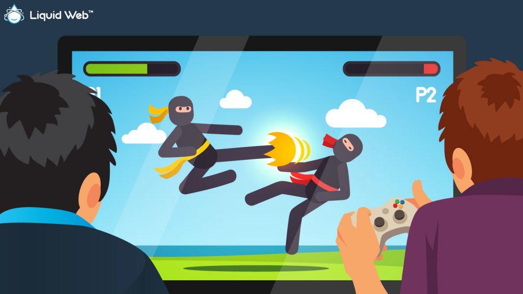 Two boys play ninja two-player fighting game on an xbox